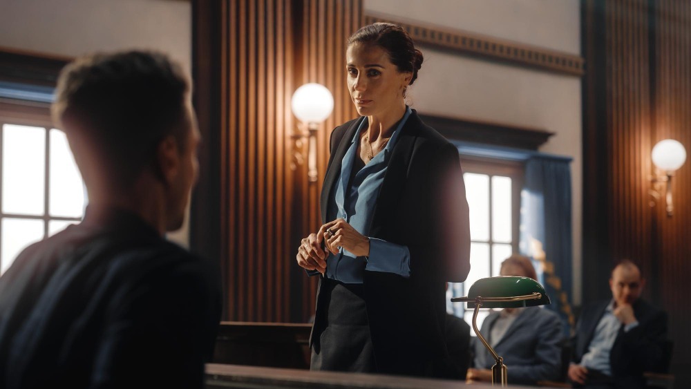 a femal criminal defense lawyer standing and listening to a man give his testimony during a trial in the courtroom