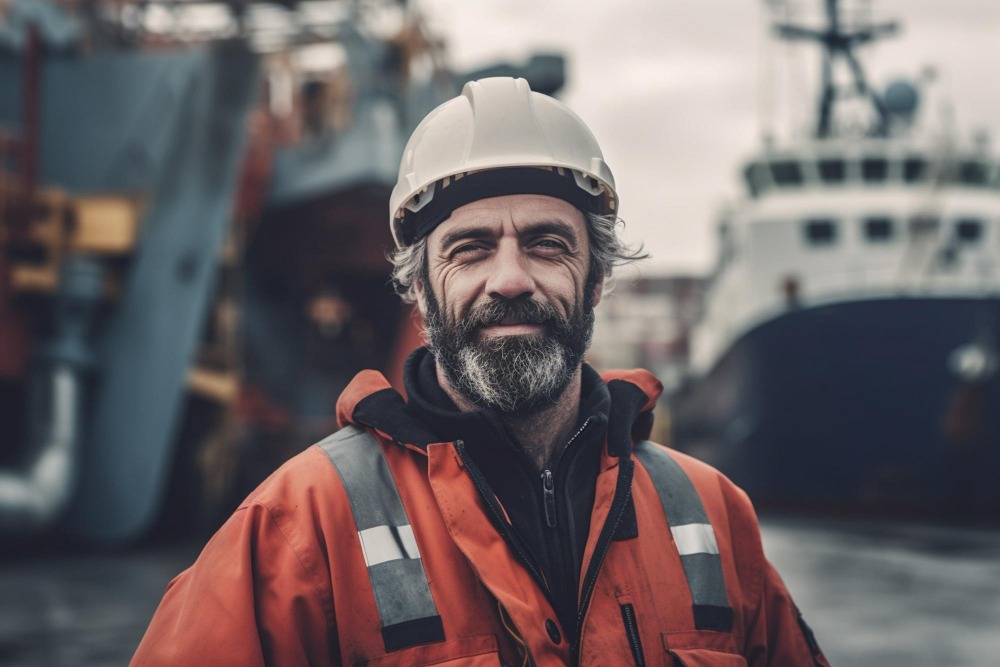 a marine worker looking at the viewer in the foreground and the marine port in the background