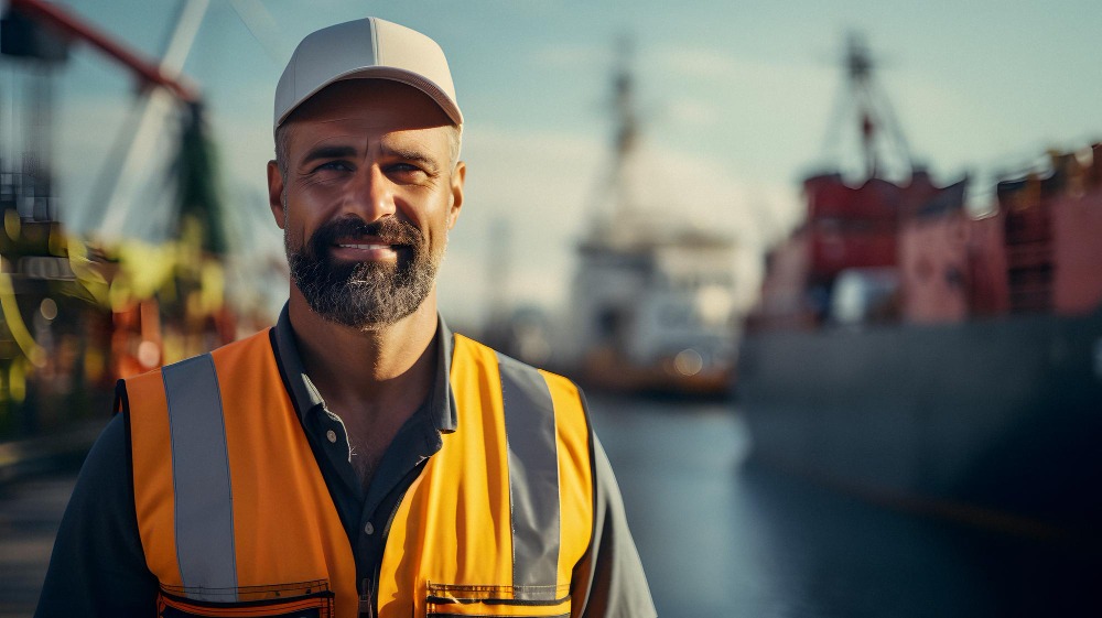 a marine worker looking at the viewer in the foreground and the marine port in the background