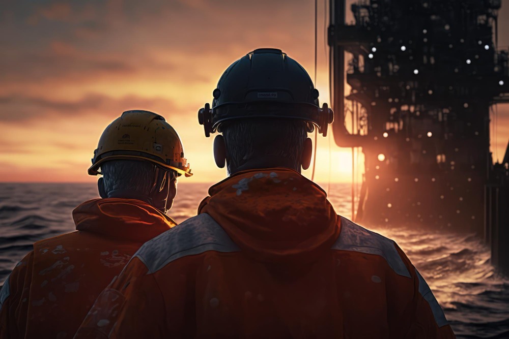 two maritime workers staring into the horizon suring a sunset on an oil rig