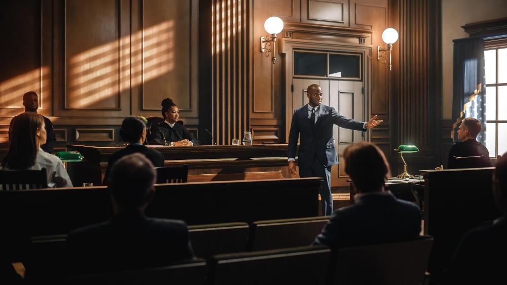 lawyers and people in courtroom about a personal injury dispute