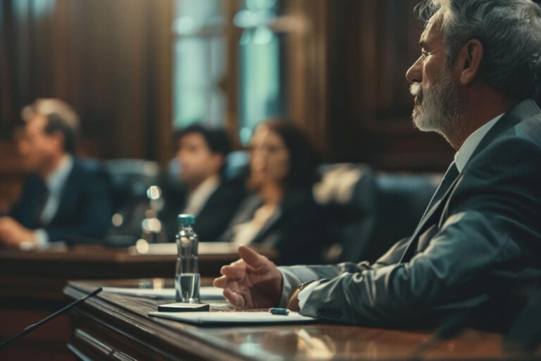 a personal injury lawyer in the foreground of a courtroom trial speaking to an expert witness off to the left