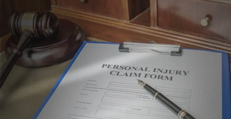 Personal injury claim form on clipboard with fountain pen and judge's gavel on wooden desk