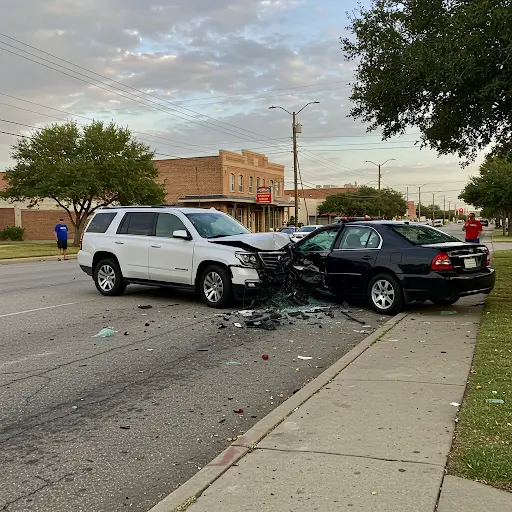 Two damaged vehicles after a collision on a suburban street - a white SUV with front-end damage and a black sedan with severe front damage, surrounded by debris.