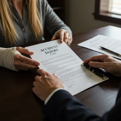 Injured person with wrist brace discussing accident injury claim form with attorney at consultation