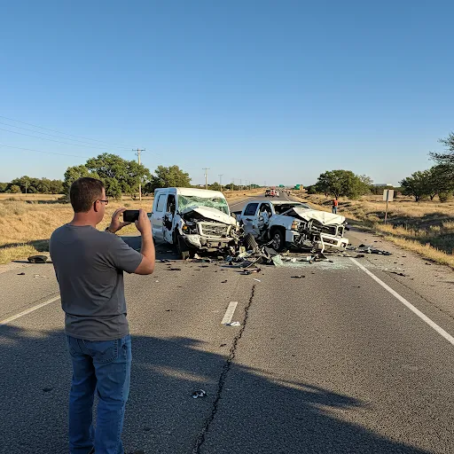 Person photographing severe head-on collision aftermath on rural Texas highway for evidence documentation