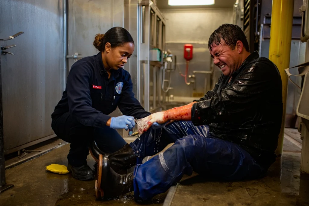 Emergency medical technician treating Texas industrial worker with severe hand and arm burn injury, patient in visible pain receiving urgent first aid at worksite