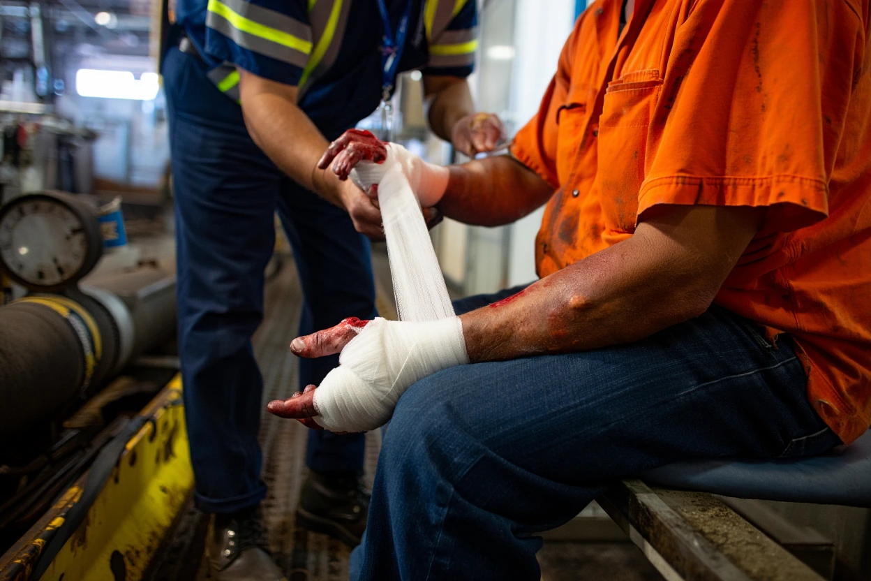 Texas industrial worker with severe hand burn injury receiving emergency bandaging, blood visible on hands while safety personnel provides first aid in factory setting