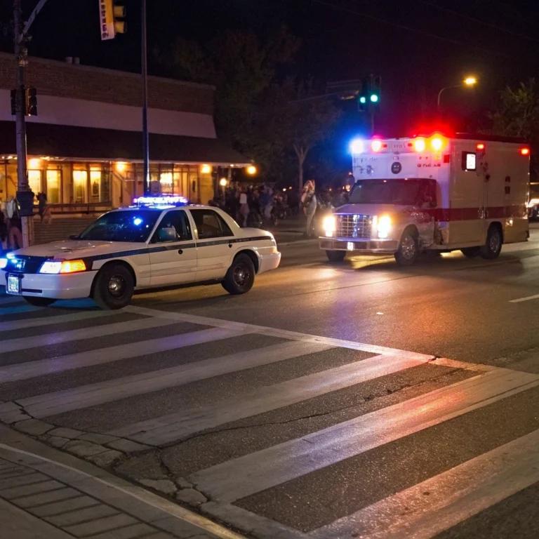 Police car and ambulance responding to nighttime incident at commercial establishment where Texas dram shop liability laws may apply